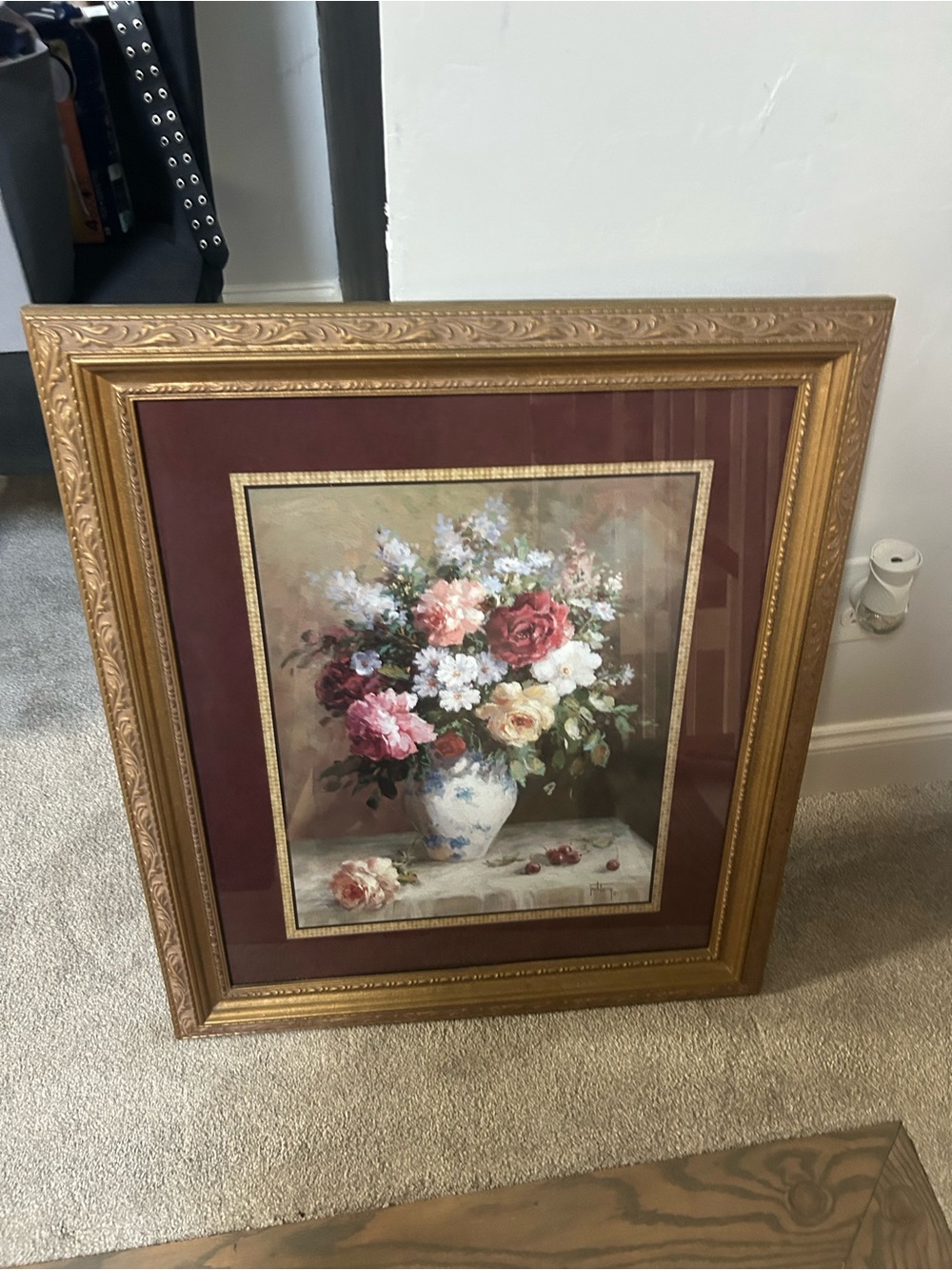 Framed Floral Still Life Wall Art - Gold Frame, Burgundy Mat